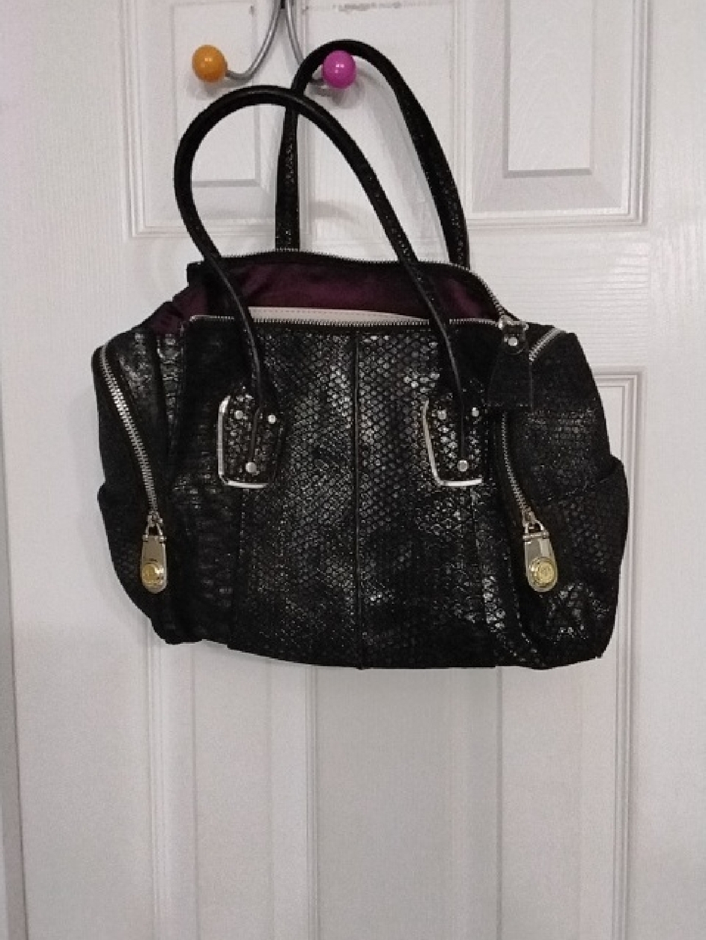 Women's Black Textured Shoulder Bag with Purple Interior